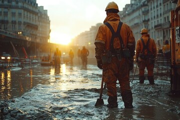 A Construction Worker Wades Through Floodwater in Paris, France