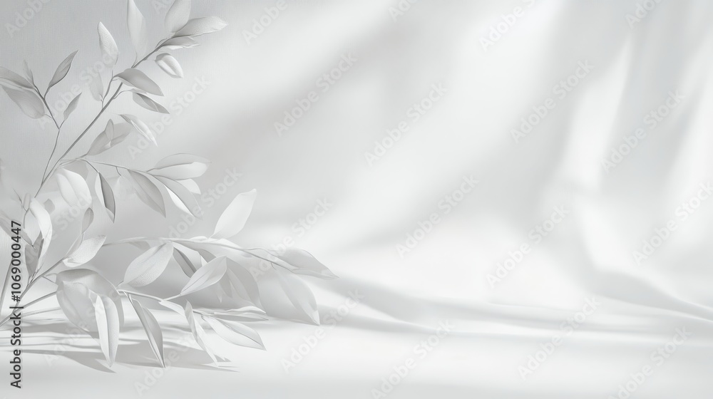 Poster minimalistic white background with delicate plant and soft shadows, perfect for product displays or 