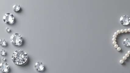 Elegant jewelry on silver grey background with shimmering diamonds and pearls, silver, elegant