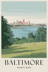 Charming Vintage Travel Poster of Baltimore, Maryland: A Scenic View of the City Skyline and Serene Landscape, Perfect for Nostalgic Decor Enthusiasts.