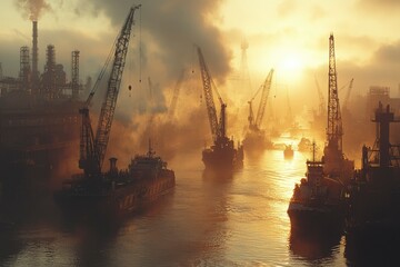Fototapeta premium Industrial Harbor at Sunset with Cranes and Ships