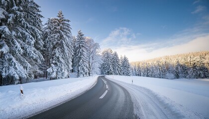 In a winter landscape in Germany, a snow-covered curve road and snow-covered trees.