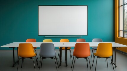 Collaborative meeting space with writable walls, digital whiteboard, colorful modern furniture