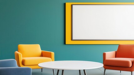 Collaborative meeting space with writable walls, digital whiteboard, colorful modern furniture