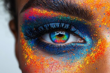 Eye of model with colorful art make-up, close-up , isolated on white background,  , copy space for text,
