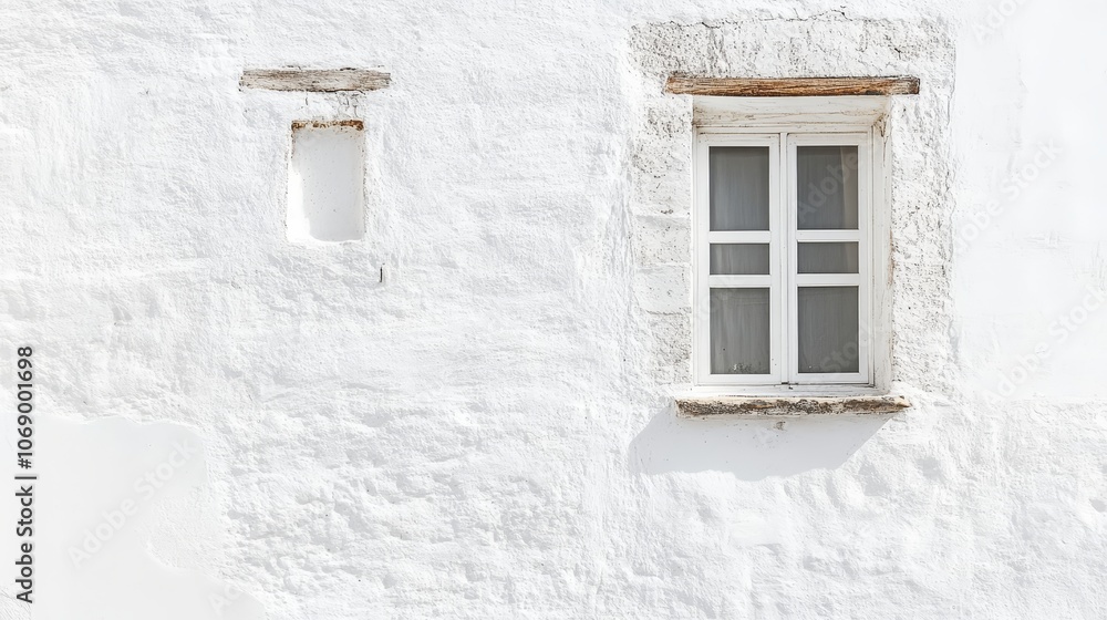 Poster minimalist shot of white walls and a small window, showcasing the simplicity and serenity of the arc