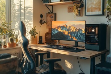 Cozy Home Office Setup with Computer & Plants