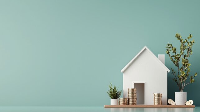 Minimalist house design featuring scattered coin stacks for financial investment in residential real estate