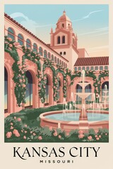 Obraz premium Vintage Travel Poster of Kansas City, Missouri: Charming Arches, Lush Greenery, and Elegant Fountain Showcase the Cityâ€™s Historic Beauty and Culture