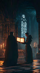 A medieval royal court scene features a king and an advisor exchanging a glowing book, surrounded by candles and gothic architecture, evoking mystery and intrigue