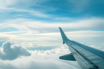 Obraz premium Airplane Wing Above Clouds in Serene Sky