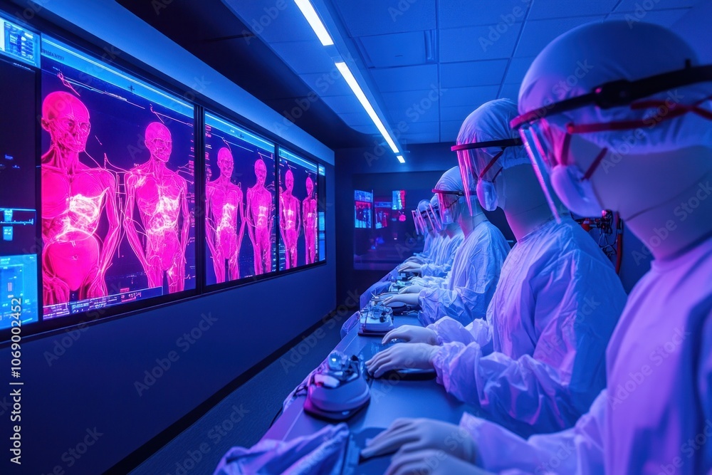 Poster a row of scientists in white lab coats and face masks work at computer consoles in a futuristic lab,
