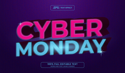 Design editable text effect. Cyber Monday text effect in pink and blue neon colors, 3D style vector illustration