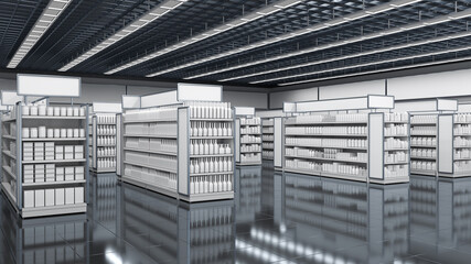 Supermarket interior mockup with shelving of blank goods. 3d illustration © Wire_man