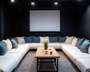 Cozy meeting area with sectional sofa, coffee table, and projector, informal and relaxed setting for creative meetings