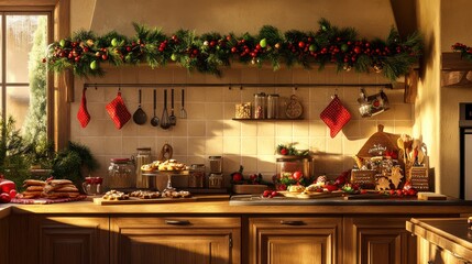 Cozy Holiday Kitchen Decorated with Gingerbread and Garland
