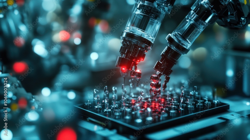 Aufkleber two robotic arms with red lights working on a circuit board with a blurred background.