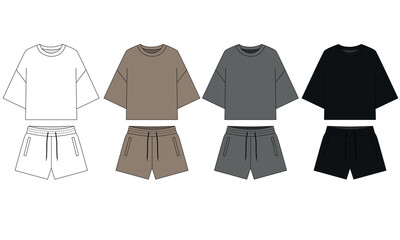 set of clothes. Technical illustration of shorts and short sleeve t-shirt, vector. Set of cotton clothing for sports and leisure. Sketch pajamas white, beige, gray, black color, isolate in on white 