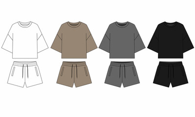 set of clothes for people. Technical illustration of shorts and short sleeve t-shirt. Set of cotton clothing for sports and leisure. Sketch pajamas white, beige, gray, black color, isolate