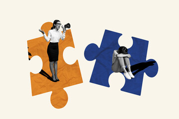Composite photo collage of two business girl anger scream megaphone other employee cry puzzle match...