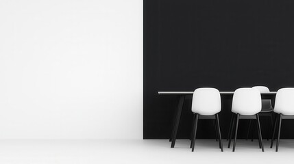 Sleek black and white meeting room, long glass table, minimalist chairs, elegant corporate design