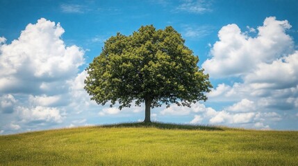 Obraz premium A solitary tree stands tall on a grassy hill against a backdrop of a bright blue sky with fluffy white clouds.