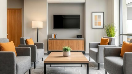 Loungestyle meeting area with plush chairs, coffee table, and video conferencing setup, relaxed and techenabled