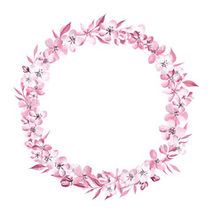 Floral wreath of the apple and cherry blossom. Elegant pink petals painted with watercolor, isolated on transparent. For wedding invitations, plates decoration, scrapbook, packaging and more