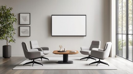 Loungestyle meeting area with plush chairs, coffee table, and video conferencing setup, relaxed and techenabled