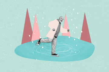 Artwork collage image of carefree black white effect grandfather skating blades frozen lake snow fall isolated on teal background