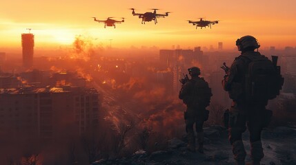 Fototapeta premium Soldiers Observing Drones in Urban Sunset Scene