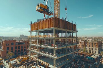 Crane Lifting Concrete Slabs During Construction of a New Building