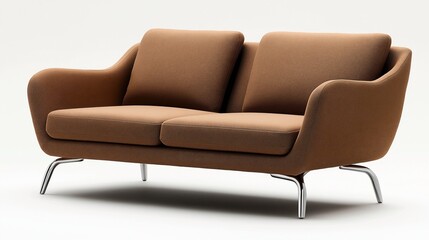 Fototapeta premium Modern mid-century style brown fabric loveseat with curved armrests and metal legs on a white background.