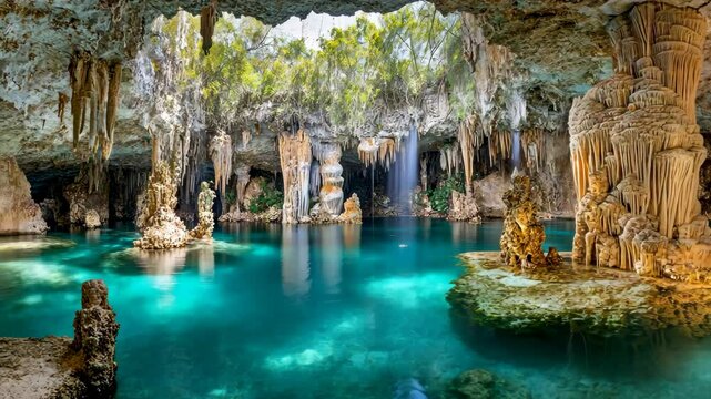 A turquoise cenote in Mexico, surrounded by lush vegetation and limestone formations