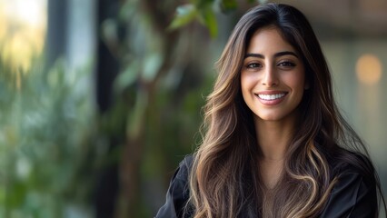 Obraz premium A smiling woman with long hair stands in a natural setting, exuding confidence and warmth.