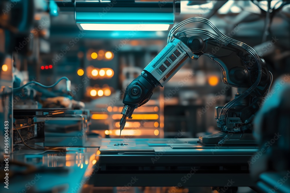 Poster robotic arm precision work in tech factory