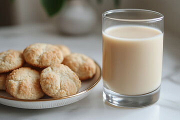 a glass of soy milk next to a plate of vegan cookies.
