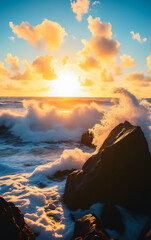 Dramatic seascape: ocean shore waves crashing on rocks with spray in the rays of the setting sun.