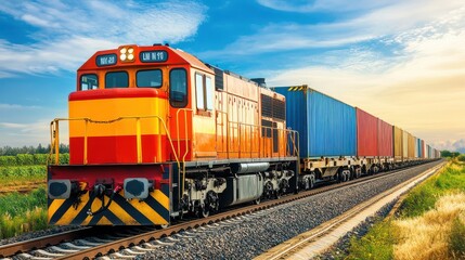 Fototapeta premium Bright Afternoon Train on Rural Track in Countryside