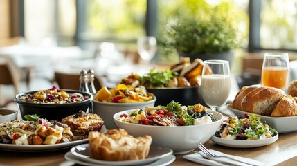 Elegant breakfast buffet with gourmet dishes, luxury hotel setting, warm morning sunlight, brunch with family, fine dining concept