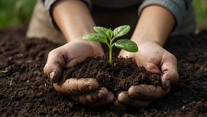 Close-up of hands gently holding soil with a small plant sprout, symbolizing growth, hope, and a commitment to the environment—a powerful concept of sustainability.