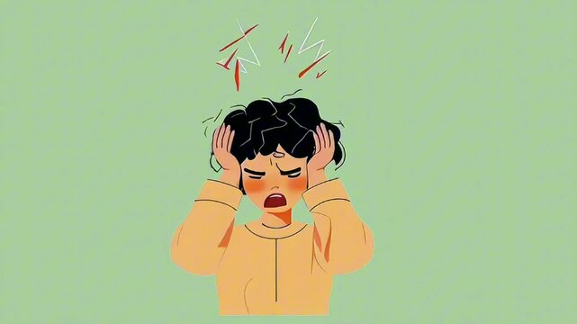 Cartoon video of a young person character holding hands on their head in frustration with angry lightning bolts above and green background 