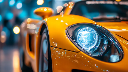 Close up of a yellow sport car headlights