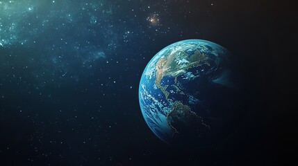 Fototapeta premium Earth planet in space orbit wallpaper, blue and green world globe illustration, global environmental concept background, 3D ecological sphere visual, Earth Day atmosphere HD