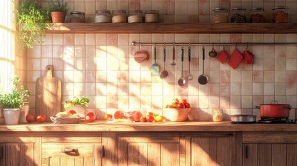 Bright Morning Kitchen with Wooden Cabinets and Countertop