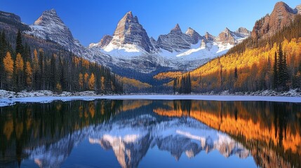 Fototapeta premium Serene mountain landscape reflecting on a calm lake during autumn.