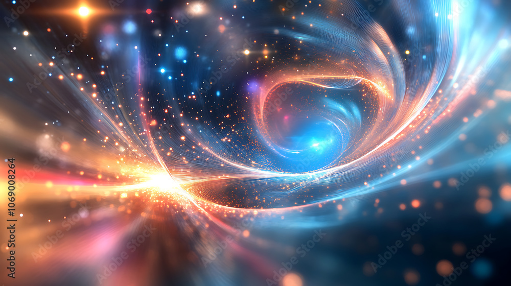 Fototapete 3d rendering background with twisted particle strings and optical flares