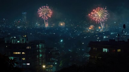 Night cityscape illuminated by colorful fireworks against a dark sky.