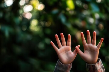A child's hands raised against a blurred green background, conveying playfulness and innocence.