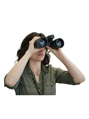 Woman Observing Through Binoculars in Green Shirt